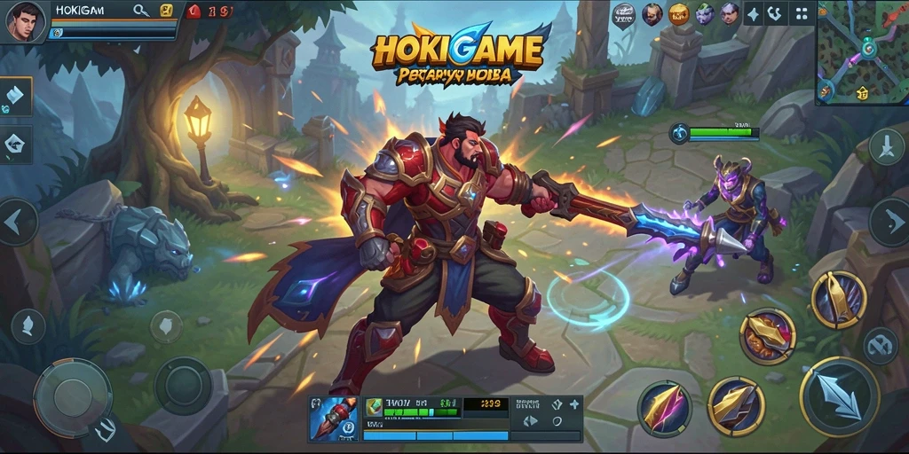 Tangkapan layar gameplay HOKIGAME yang menampilkan pertarungan tim yang strategis.