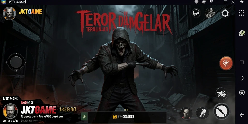 Tangkapan layar utama menampilkan gameplay <strong>JKTGAME</strong> yang menyeramkan di lingkungan gelap.